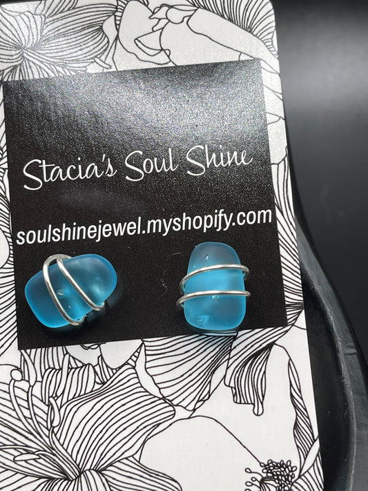 Blue rectangle sea glass wire wrapped studs