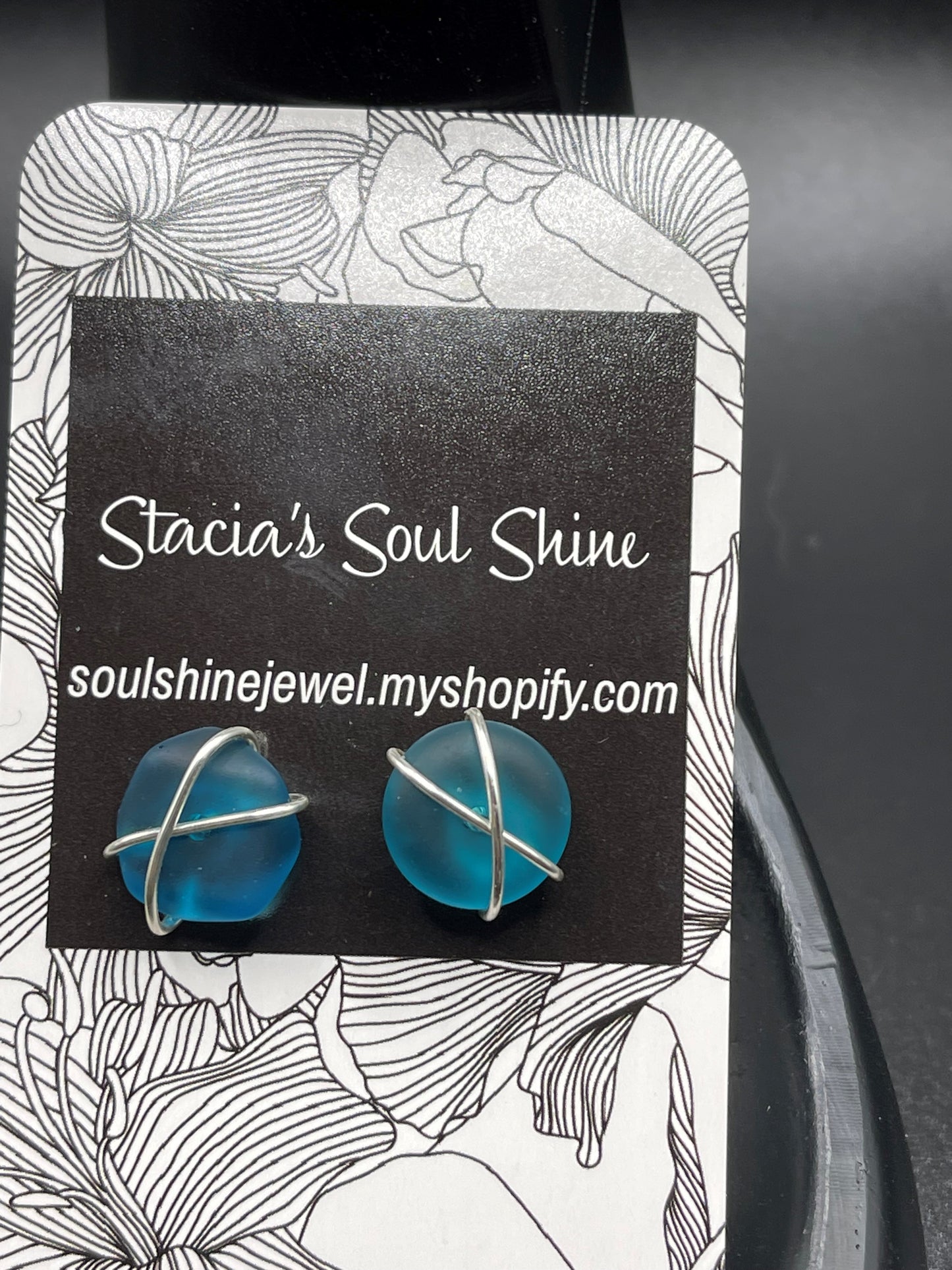 Blue round sea glass wire wrapped studs