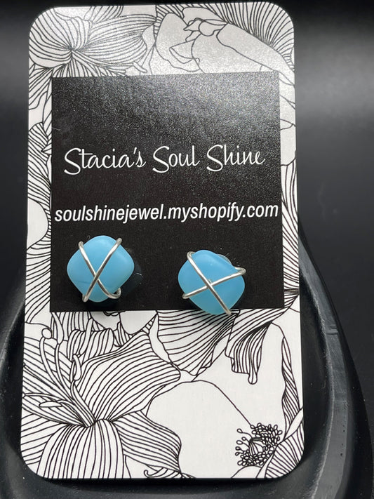 Cloudy Blue sea glass wire wrapped studs