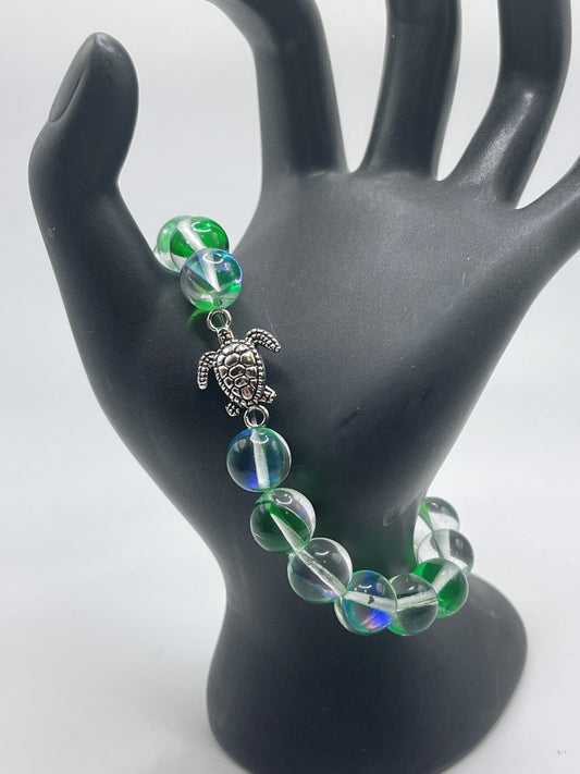 Sea turtle with green mermaid glass bracelet