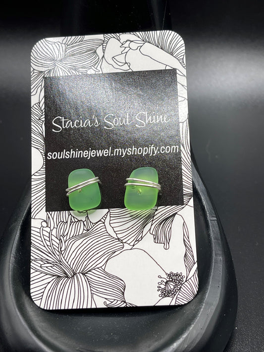 Green rectangle sea glass wire wrapped studs