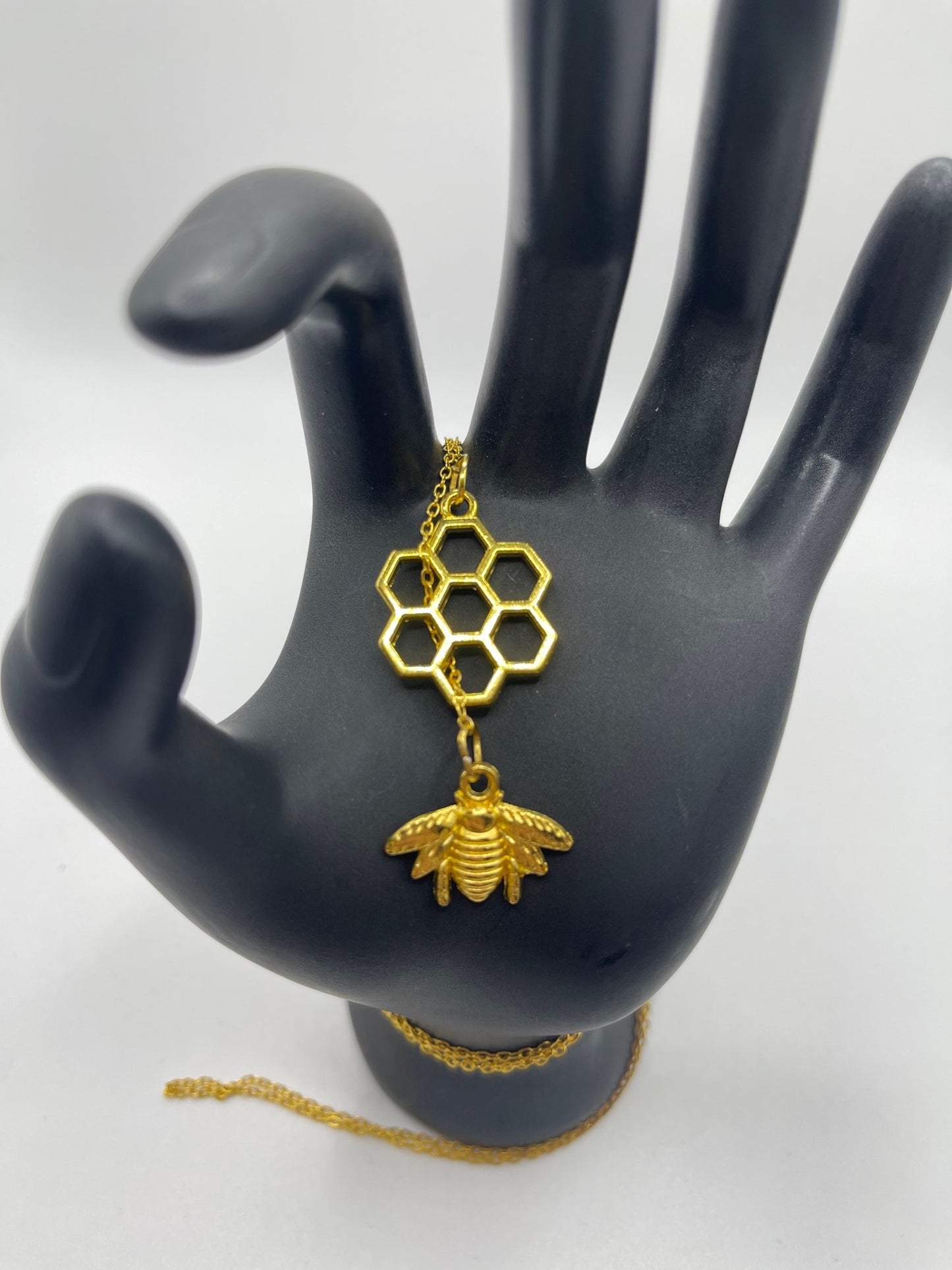 Long Bubble Bee and Honeycomb necklace