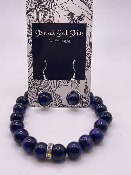 Purple tigers eye bracelet and earring set