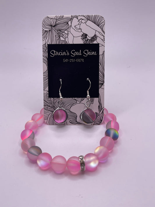 Pink Mermaid Glass bracelet and earring set