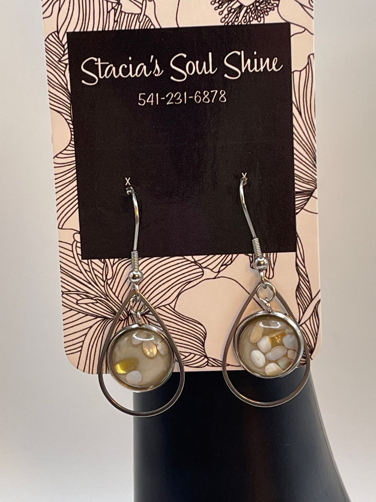 Grey Shell Tear Drop Dangly Earrings